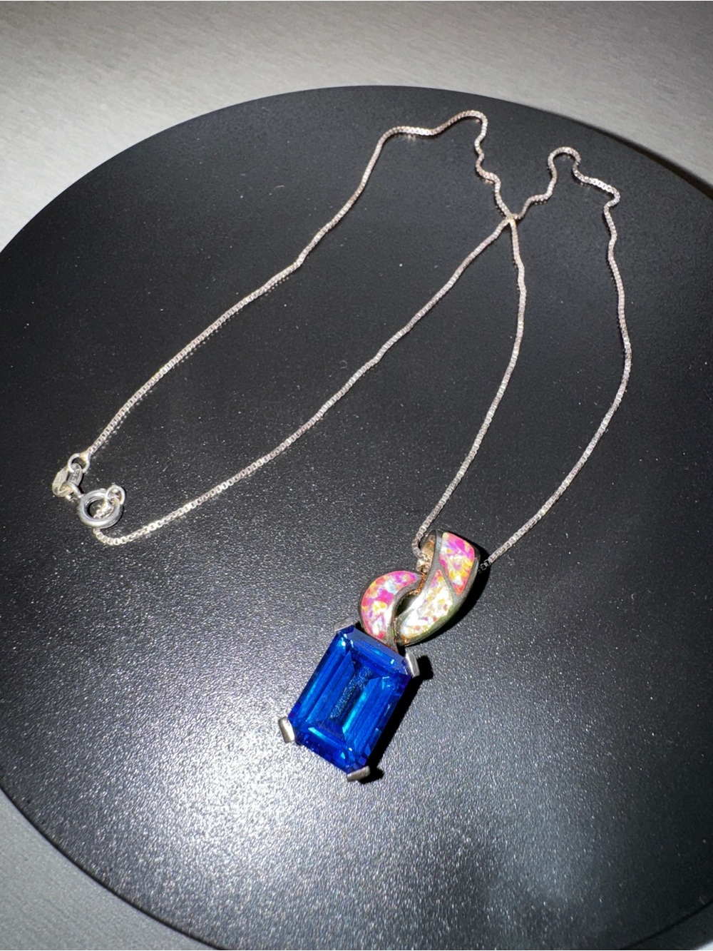 925 Silver Blue Emerald Cut Pendant Necklace Pink Opal Inlay Statement